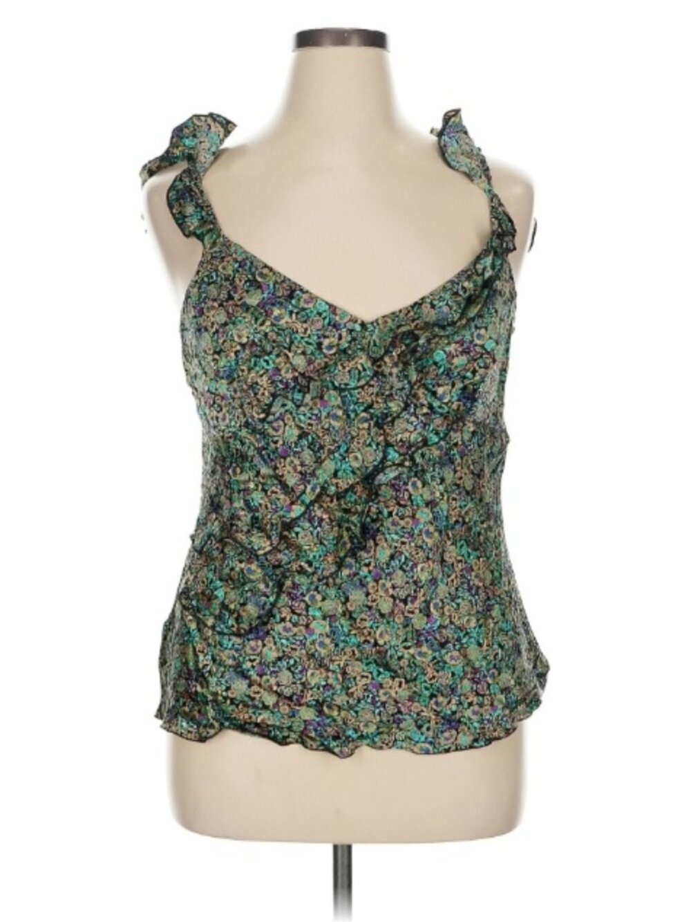 Floral Green Silk Ruffled Shirt - Size 14 - Dana Buchman